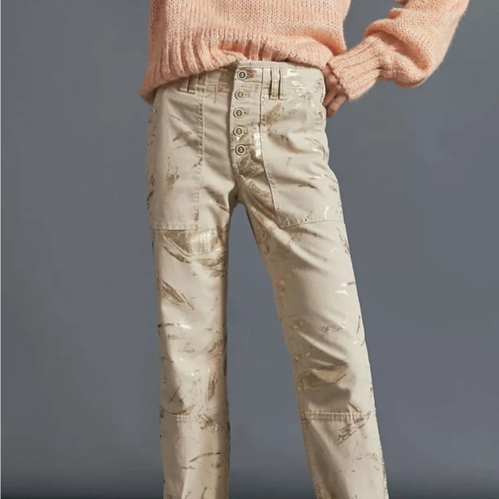 Anthropologie Pilcro Wanderer Metallic Utility Pants Tan Gold Size 25